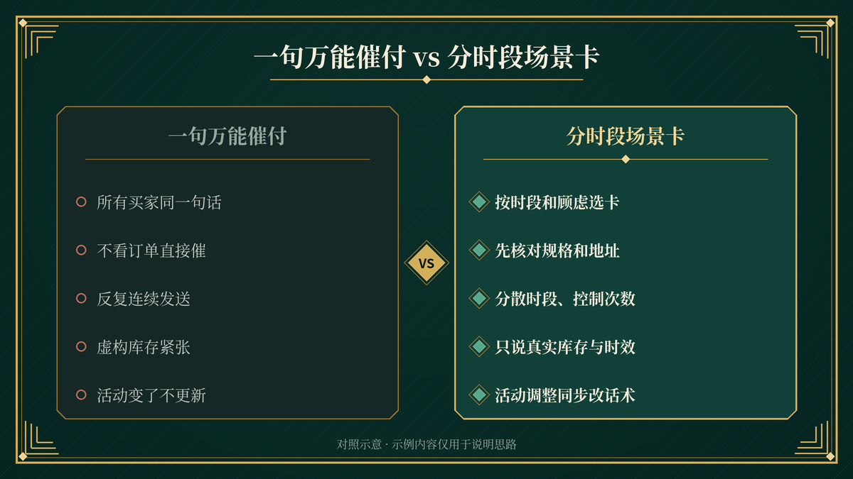 一句万能催付与易歪歪单机版分时段场景卡催付的效果对照示意