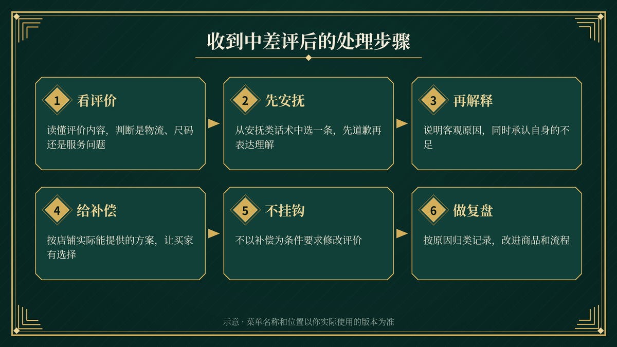 收到中差评后按安抚、解释、补偿顺序调用易歪歪单机版话术的步骤示意